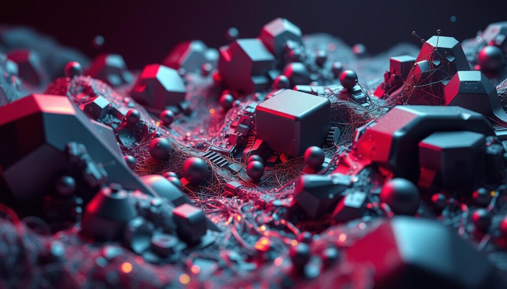 Kunstig intelligens er brukt for å generere dette bildet: Det er et bilde av mange kuber og et nettverk av tråer som beveger seg rundt kubene.